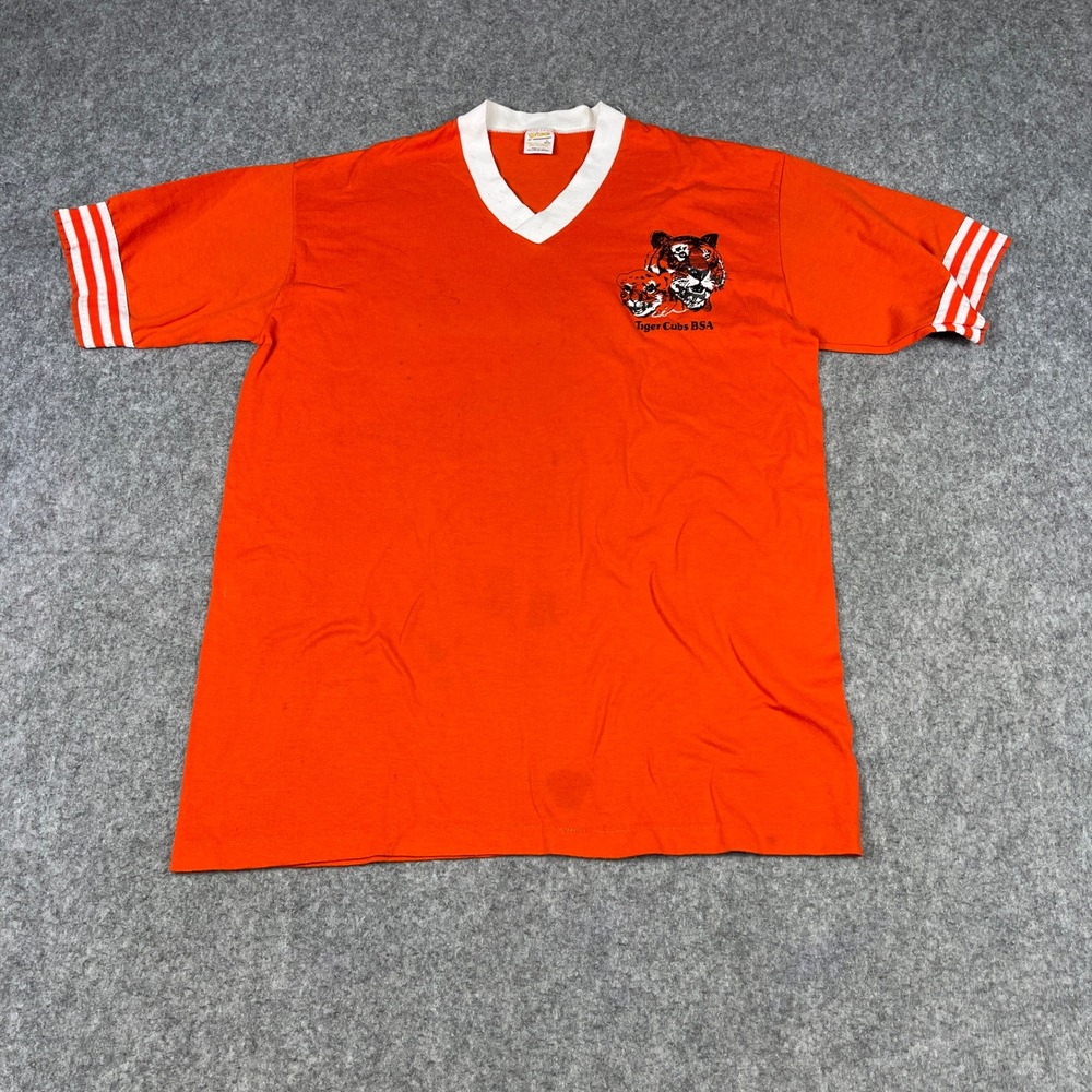 Vintage 80s Tiger Cubs BSA Ringer T-Shirt Youth LG Orange USA V-Neck Sportswear